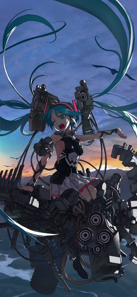 Anime picture 697x1500 with vocaloid hatsune miku toridamono single tall image open mouth twintails very long hair pleated skirt one eye closed aqua eyes from above sunlight aqua hair night night sky flying pointing river mechanical
