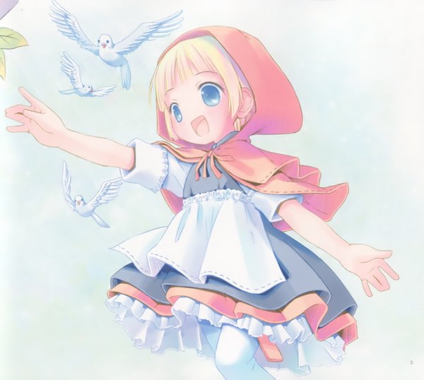 Anime picture 1448x1300 with little red riding hood little red riding hood (character) pop single fringe short hair open mouth blue eyes blonde hair smile payot looking away bent knee (knees) outdoors blunt bangs arm up short sleeves outstretched arm happy girl