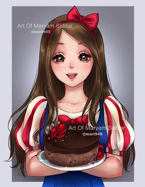 Anime picture 2295x2963 with original mari945 single long hair tall image looking at viewer blush highres open mouth simple background smile brown hair holding brown eyes signed upper body :d grey background puffy sleeves border
