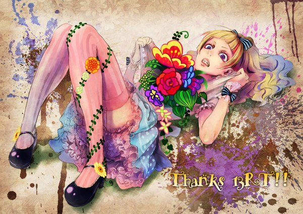 Anime picture 1000x707 with original cj (artist) single long hair fringe blonde hair purple eyes lying inscription on back polka dot clenched teeth girl thighhighs dress flower (flowers) bow hair bow frills insect