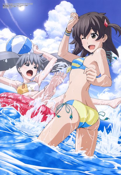 Anime picture 4094x5933 with selector infected wixoss wixoss lostorage wixoss j.c. staff megami magazine kominato ruuko tama (wixoss) satou takamitsu long hair tall image blush highres open mouth light erotic black hair twintails multiple girls absurdres sky cloud (clouds)