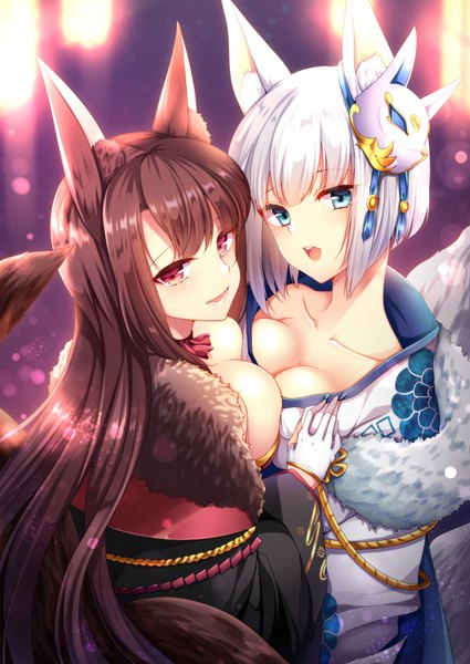 Anime picture 627x885 with azur lane akagi (azur lane) kaga (azur lane) kaga (white fox's new year greetings) (azur lane) akagi (plum and snow) (azur lane) agekichi (heart shape) long hair tall image looking at viewer blush fringe short hair breasts open mouth blue eyes light erotic red eyes brown hair large breasts standing