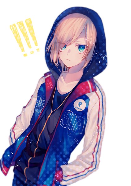 Anime picture 2039x2893 with yuri!!! on ice mappa yuri plisetsky ume neko (otaku-nyanko) single tall image looking at viewer fringe highres short hair blonde hair simple background white background upper body aqua eyes hair over one eye hands in pockets ! boy hood