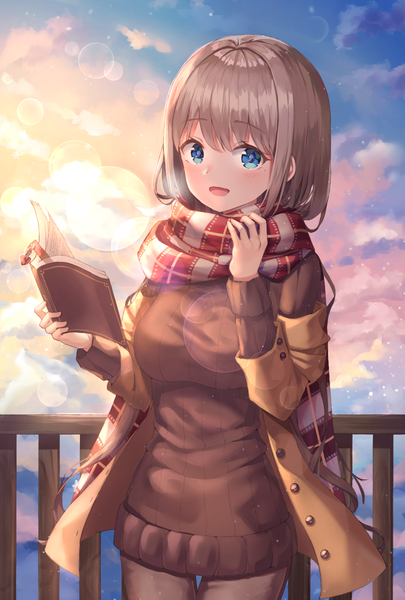 Anime picture 811x1200 with original ruda (ruda e) single long hair tall image looking at viewer open mouth blue eyes brown hair sky cloud (clouds) outdoors :d lens flare girl scarf book (books) sweater coat railing