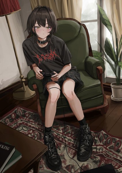 Anime picture 2894x4093 with original nadegata single tall image looking at viewer highres short hair black hair sitting yellow eyes indoors plaid skirt playing games girl skirt plant (plants) boots window black skirt curtains