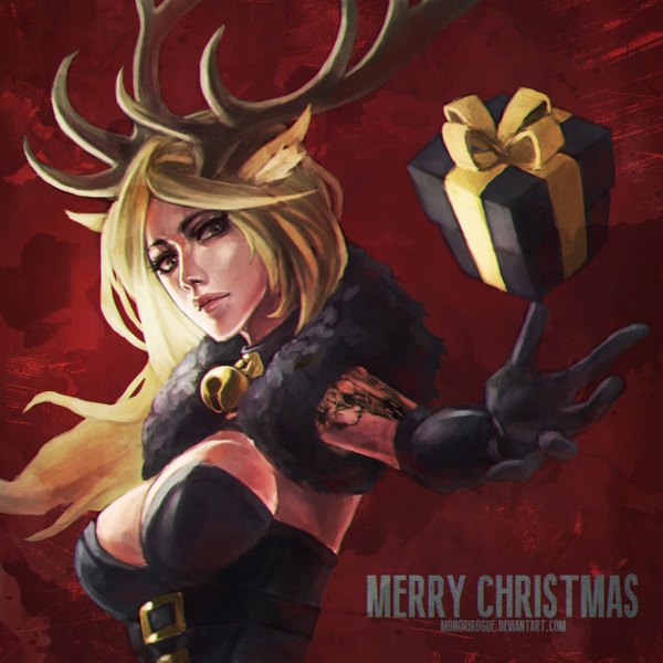 Anime picture 2477x2477 with monori rogue single long hair looking at viewer highres breasts blonde hair horn (horns) lips black eyes inscription tattoo outstretched arm christmas merry christmas girl gift christmas present