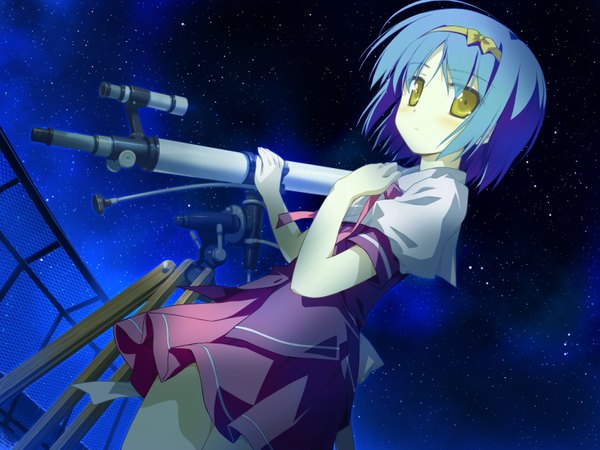 Anime picture 1600x1200 with hoshizora no memoria aoi isuzu shida kazuhiro single blush short hair yellow eyes blue hair looking away game cg sky night night sky girl uniform ribbon (ribbons) bow hair ribbon school uniform hairband