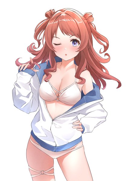 Anime picture 3035x4299 with idolmaster gakuen idolmaster hanami saki b1ack illust single long hair tall image looking at viewer blush highres light erotic simple background standing white background purple eyes absurdres red hair one eye closed two side up hand on hip