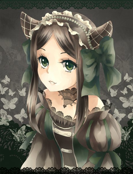 Anime picture 900x1170 with kuroshitsuji a-1 pictures sieglinde sullivan teka single long hair tall image looking at viewer smile brown hair bare shoulders green eyes horn (horns) black background girl dress bow hair bow hairband insect