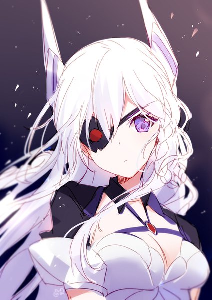 Anime picture 800x1131 with warship girls r sirius (warship girls r) bison cangshu single long hair tall image looking at viewer fringe simple background hair between eyes purple eyes cleavage upper body white hair head tilt wind girl dress white dress eyepatch