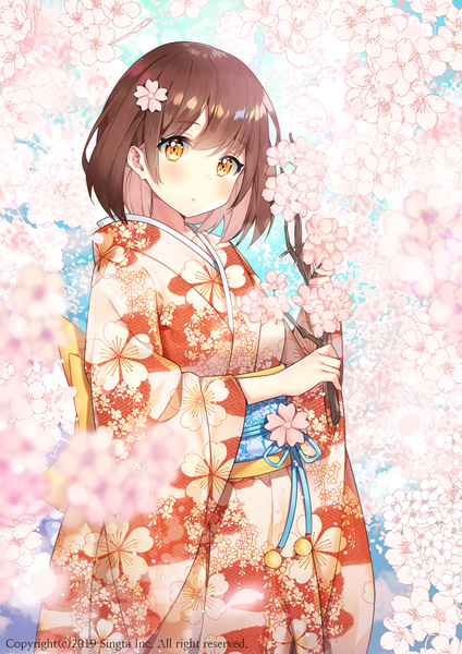 Anime picture 1000x1415 with sid story ayami (annahibi) single tall image looking at viewer blush fringe short hair brown hair standing holding yellow eyes traditional clothes japanese clothes multicolored hair hair flower blurry wide sleeves two-tone hair copyright name