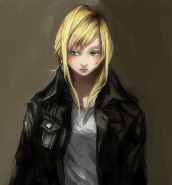 Anime picture 792x852 with parasite eve (game) aya brea tsubu mikan single long hair tall image blush fringe blue eyes simple background blonde hair looking away upper body open jacket brown background girl jacket