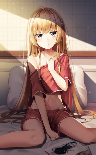 Anime picture 2128x3440 with original apple ringo single long hair tall image looking at viewer blush fringe highres open mouth blue eyes blonde hair sitting ahoge indoors blunt bangs off shoulder :o short sleeves midriff