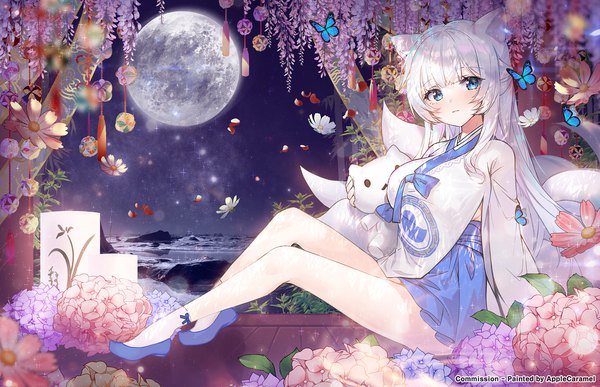 Anime picture 2000x1289 with original apple caramel single long hair looking at viewer blush fringe highres breasts blue eyes large breasts sitting holding animal ears payot full body white hair tail blunt bangs long sleeves