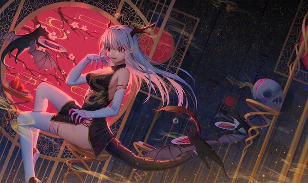 Anime picture 1920x1145 with original ji dao ji single long hair looking at viewer fringe highres breasts open mouth light erotic hair between eyes red eyes wide image sitting white hair tail traditional clothes horn (horns) pointy ears dutch angle