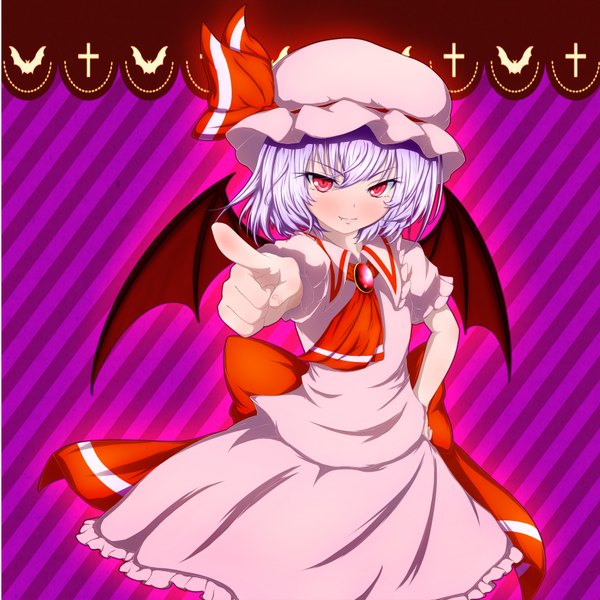 Anime picture 1750x1750 with touhou remilia scarlet misumo single looking at viewer blush highres short hair red eyes purple hair pointing girl dress wings bonnet