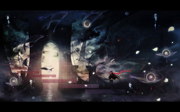 Anime picture 1872x1170 with original funakura single long hair highres black hair wide image sky looking back from behind letterboxed rain girl ribbon (ribbons) pantyhose water moon full moon fish (fishes)