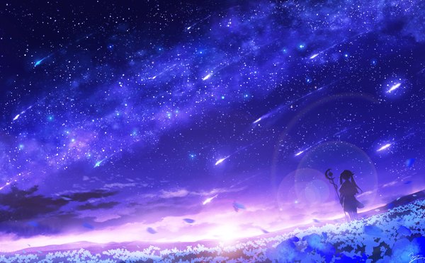 Anime picture 4300x2667 with sousou no frieren frieren skyrick9413 single long hair highres wide image standing twintails absurdres outdoors from behind night night sky lens flare landscape shooting star milky way girl flower (flowers)