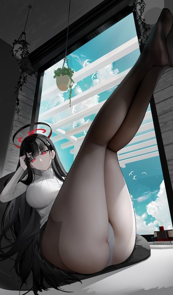 Anime-Bild 3700x6300 mit blue archive rio (blue archive) omone hokoma agm single long hair tall image looking at viewer fringe highres breasts light erotic black hair red eyes large breasts absurdres sky cloud (clouds) full body ass indoors