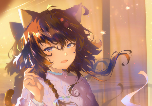 Anime picture 3916x2725 with original arutera single long hair looking at viewer blush fringe highres open mouth blue eyes hair between eyes brown hair animal ears absurdres ahoge upper body tail braid (braids) animal tail wind