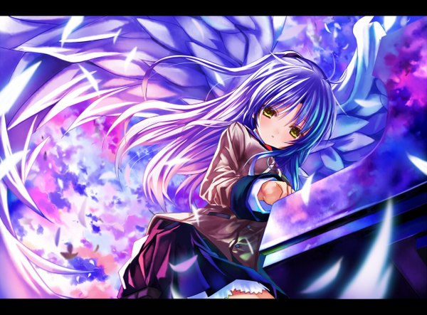 Anime picture 1280x947 with angel beats! key (studio) tachibana kanade shino (eefy) single long hair yellow eyes blue hair from below letterboxed playing instrument girl skirt uniform school uniform wings musical instrument