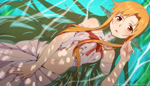 Anime picture 1550x890 with sword art online a-1 pictures yuuki asuna titania (alo) ricardonamikaze single long hair blush open mouth light erotic wide image brown eyes lying pointy ears orange hair bare belly midriff coloring girl navel