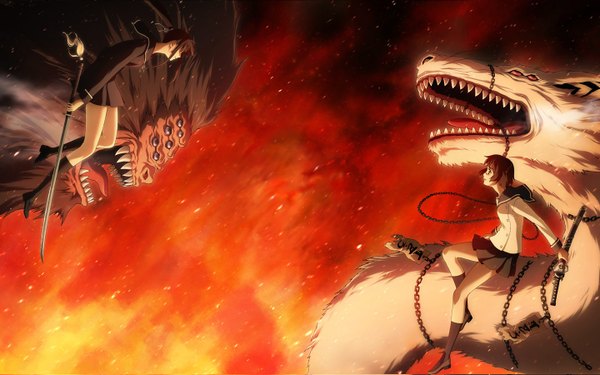 Anime picture 1440x900 with ga-rei zero isayama yomi tsuchimiya kagura wide image girl sword katana chain fire