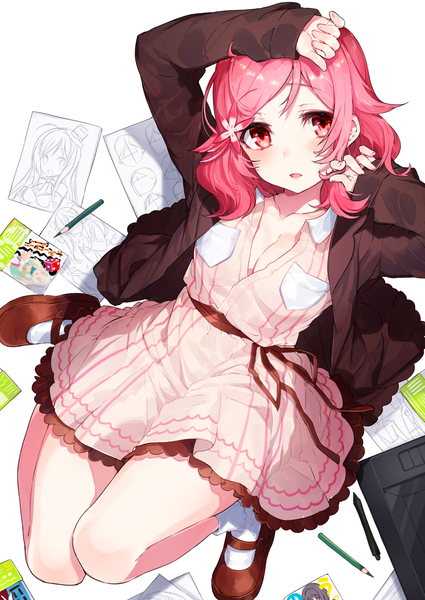 Anime-Bild 921x1300 mit original mika pikazo single tall image looking at viewer blush fringe short hair breasts open mouth simple background red eyes white background pink hair cleavage full body bent knee (knees) lying parted lips hair flower