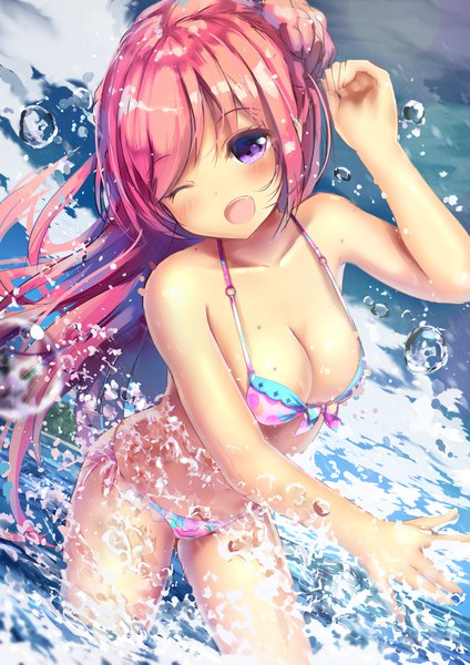 Anime picture 1447x2047 with original missle228 single long hair tall image looking at viewer breasts open mouth light erotic large breasts purple eyes pink hair sky one eye closed arm up wink leaning arched back river girl