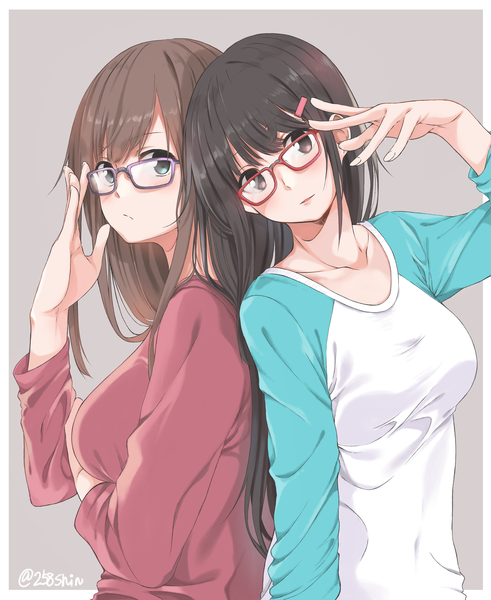 Anime picture 3069x3751 with original amu (258shin) long hair tall image looking at viewer blush fringe highres blue eyes black hair simple background brown hair multiple girls brown eyes signed absurdres upper body long sleeves parted lips head tilt