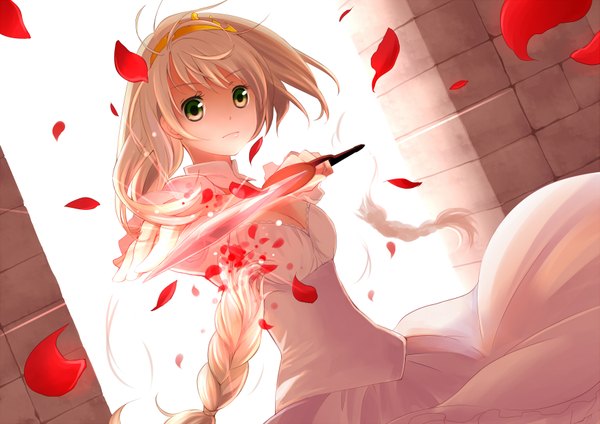 Anime picture 1753x1240 with ahira yuzu single long hair highres blonde hair green eyes braid (braids) girl dress petals sword