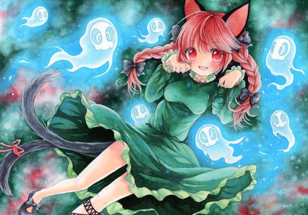 Anime picture 1500x1048 with touhou kaenbyou rin mosho single long hair looking at viewer blush fringe open mouth red eyes signed animal ears red hair tail braid (braids) animal tail cat ears cat girl cat tail twin braids