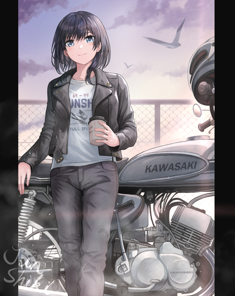 Anime picture 1500x1890 with original kawasaki junshiki single tall image blush fringe short hair blue eyes black hair hair between eyes holding signed sky cloud (clouds) outdoors open jacket asymmetrical hair pillarboxed leather
