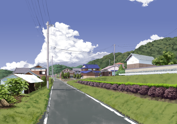 Anime picture 2000x1400 with original sasaki112 highres sky cloud (clouds) no people landscape plant (plants) tree (trees) wire (wires) house power lines road