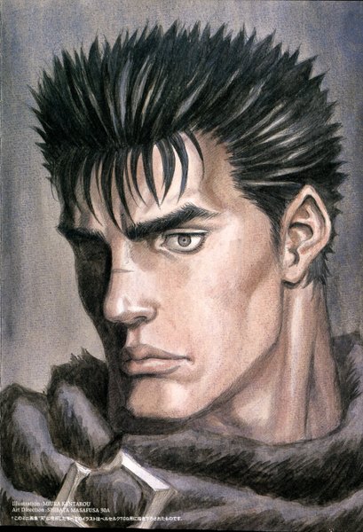 Anime picture 2036x2984 with berserk guts tall image highres short hair black hair lips scan grey background grey eyes scar boy