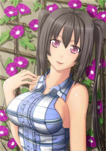Anime picture 1000x1414 with kai (link2262) single long hair tall image breasts light erotic black hair large breasts twintails bare shoulders pink eyes girl flower (flowers)