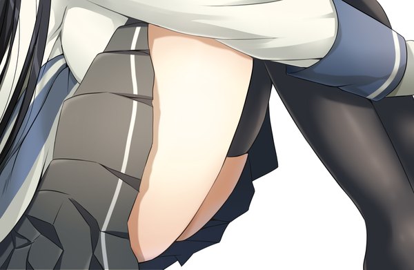 Anime picture 1600x1044 with kantai collection isokaze destroyer ohiya single breasts light erotic black hair simple background large breasts white background sitting pleated skirt thighs breast press head out of frame leg hug girl thighhighs skirt gloves