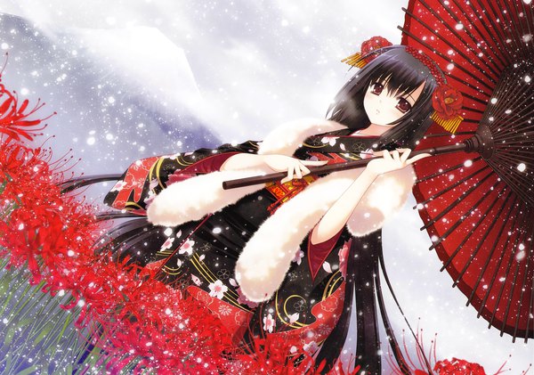 Anime picture 3072x2158 with original eshi 100-nin ten nishimata aoi single long hair looking at viewer blush fringe highres black hair hair between eyes red eyes holding absurdres traditional clothes japanese clothes hair flower scan wide sleeves dutch angle