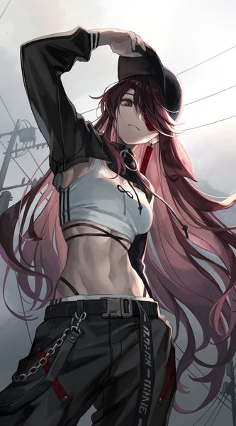 Anime picture 1030x1854 with genshin impact beidou (genshin impact) m2 (guvn5745) single long hair tall image looking at viewer fringe brown hair standing brown eyes outdoors long sleeves arm up hair over one eye from below alternate costume adjusting hat :c girl