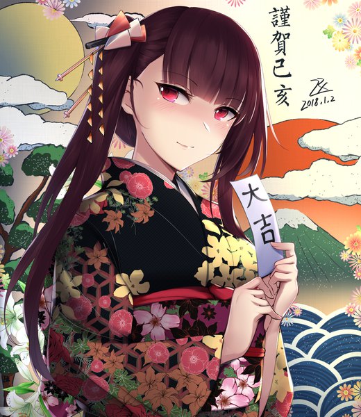 Anime picture 1746x2013 with girls frontline wa2000 (girls frontline) zhishi ge fangzhang single long hair tall image looking at viewer blush fringe highres smile red eyes holding signed purple hair blunt bangs traditional clothes japanese clothes wide sleeves floral print