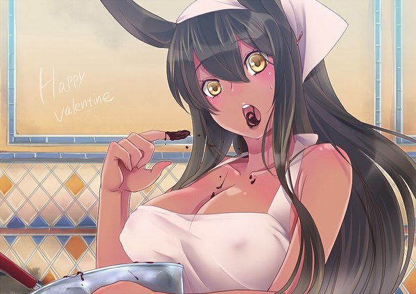 Anime picture 1011x716 with hira taira single long hair looking at viewer blush breasts open mouth light erotic black hair large breasts bare shoulders animal ears yellow eyes valentine naked apron girl food sweets chocolate