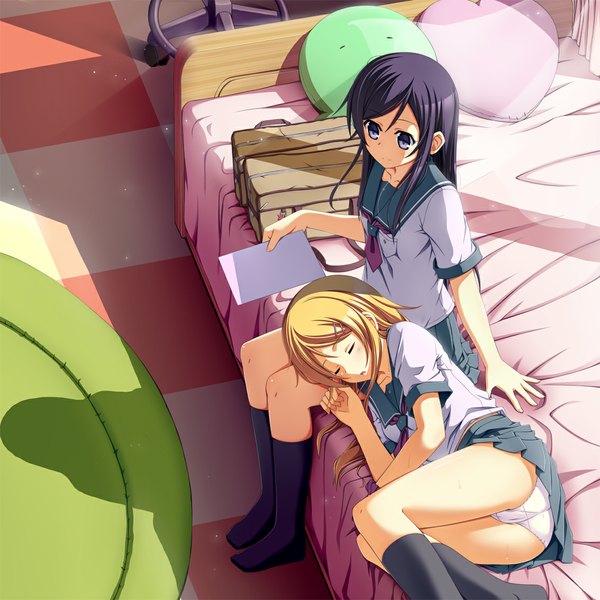 Anime picture 1134x1134 with ore no imouto ga konna ni kawaii wake ga nai kousaka kirino aragaki ayase nekoro long hair light erotic black hair blonde hair purple eyes multiple girls pantyshot sleeping girl underwear panties 2 girls serafuku pillow bed