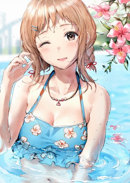 Anime picture 732x1024 with idolmaster idolmaster shiny colors sakuragi mano takeashiro single tall image looking at viewer blush fringe short hair breasts open mouth light erotic smile brown hair bare shoulders brown eyes cleavage braid (braids) head tilt