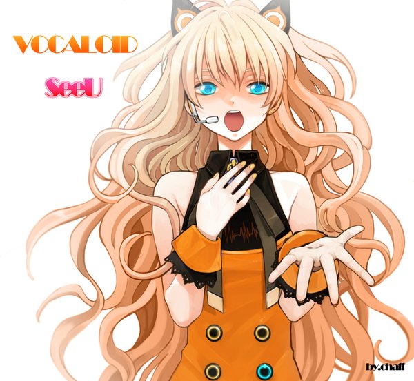 Anime picture 1920x1772 with vocaloid seeu single long hair highres open mouth blue eyes blonde hair simple background white background inscription outstretched arm singing girl