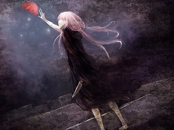 Anime picture 1500x1125 with mirai nikki gasai yuno single long hair twintails looking away pink hair pink eyes barefoot night night sky red moon girl weapon moon star (stars) knife