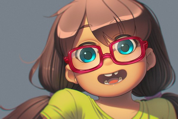 Anime picture 1772x1181 with original alkemanubis single long hair looking at viewer fringe highres open mouth smile brown hair aqua eyes blurry teeth loli low ponytail girl glasses