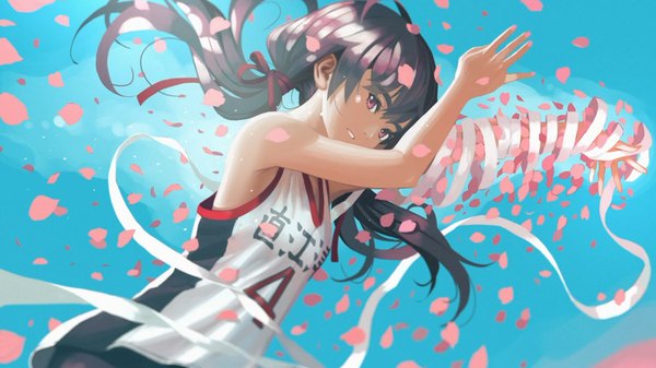 Anime picture 1920x1079 with hanamonogatari shaft (studio) monogatari (series) kanbaru suruga vofan single long hair looking at viewer highres black hair red eyes wide image twintails sky official art low twintails blue background girl uniform ribbon (ribbons)