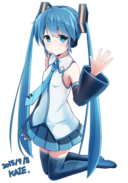 Anime picture 1400x2000 with vocaloid hatsune miku kaie single tall image looking at viewer blush blue eyes simple background smile white background twintails bare shoulders signed blue hair very long hair pleated skirt arm up wide sleeves kneeling