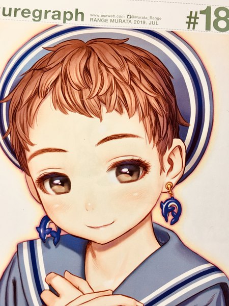 Anime picture 3024x4032 with futuregraph range murata single tall image looking at viewer highres short hair smile brown hair brown eyes absurdres photo (medium) girl hat earrings sailor suit sailor hat