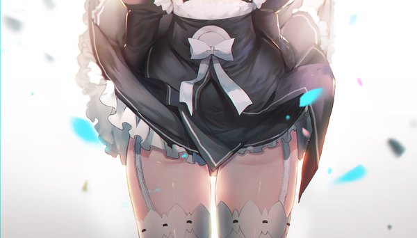 Anime picture 1500x857 with re:zero kara hajimeru isekai seikatsu white fox rem (re:zero) fuyouchu single light erotic simple background wide image standing holding thighs shiny skin gradient background head out of frame girl thighhighs dress bow petals white thighhighs